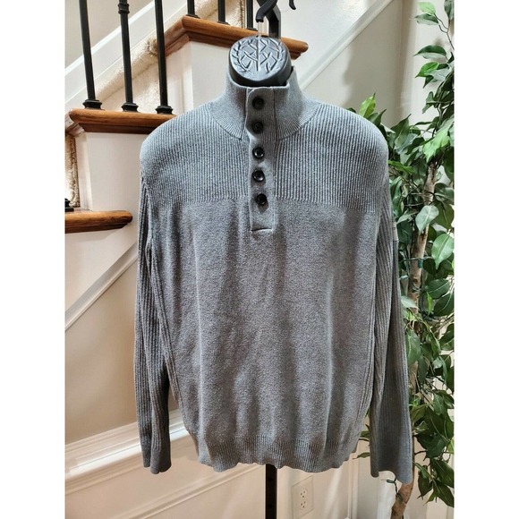 Express Men Solid Gray 100% Cotton Long Sleeve Half Buttons Jumper Size X-Large - Picture 1 of 11